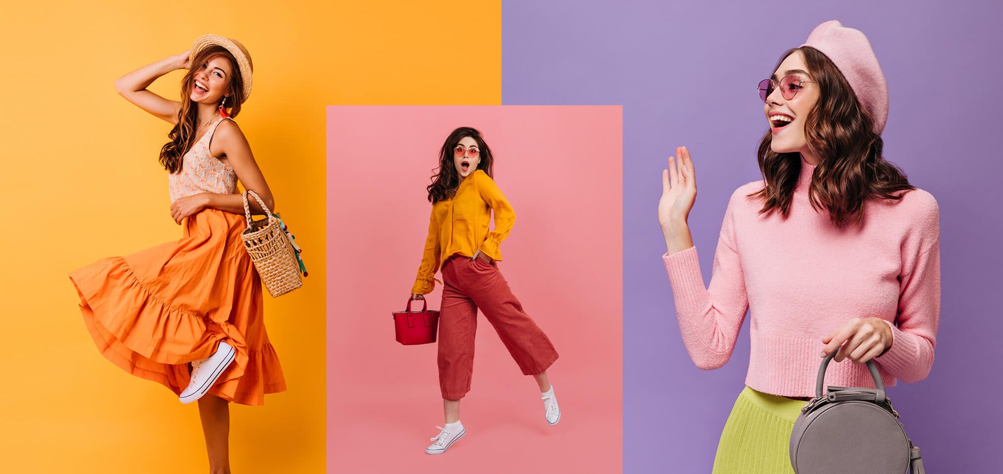 Three women in fashion outfits holding handbags, posing against an orange, pink and purple background