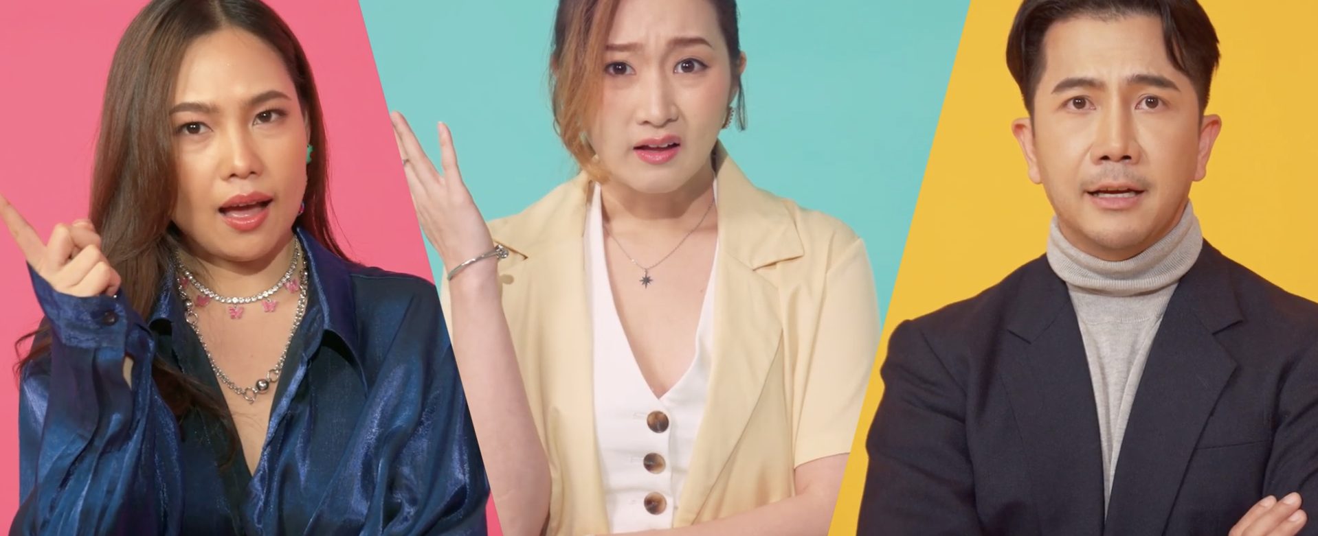 Still from the Primal brand video: three speakers against pink, mint green and yellow backgrounds