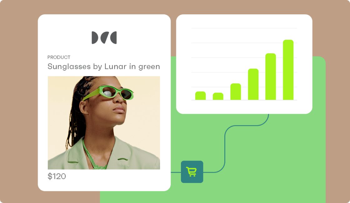 Illustration of a sunglasses product card beside a sales bar chart and a shopping-cart icon